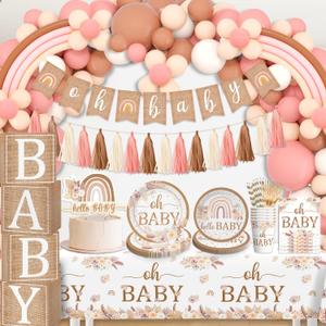 cocomigo Boho Baby Shower Decorations for Girl: Boho Rainbow Banner, Balloons, Plates, Napkins, Tablecloth & More - Serving 20 Guests