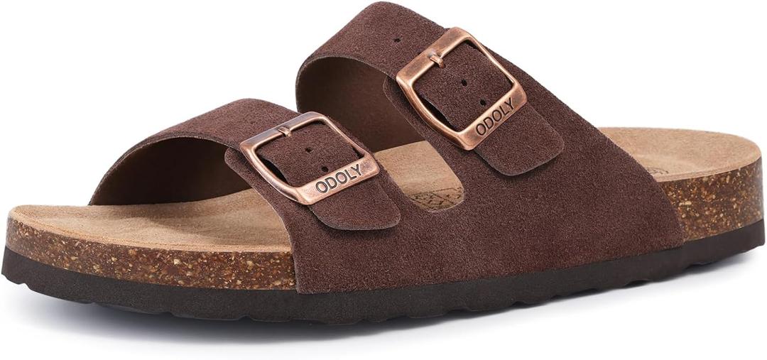 ODOLY Unisex Cork Footbed Slide Sandal, Arch Support Summer Outdoor Sandals with Adjustable Buckle for Women and Men (8 Women/6.5 Men, Brown Suede)