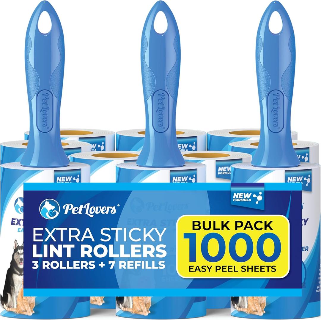 PetLovers Extra Sticky Lint Roller Bulk Value Set 3 Rollers 7 Refills 1,000 Sheets for Pet Hair Removal, Dog and Cat Lint Remover PetLovers Extra Sticky Lint Roller Bulk Value Set 3 Rollers 7 Refills 1,000 Sheets for Pet Hair Removal, Dog and Cat Lint Remover