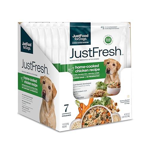 JustFoodForDogs JustFresh Wet Dog Food, Fresh Pet Meals and Toppers with No Preservatives, Resealable Package, Human Grade, Home-Cooked Chicken, 12 oz - 7 Pack, Oct 21/27