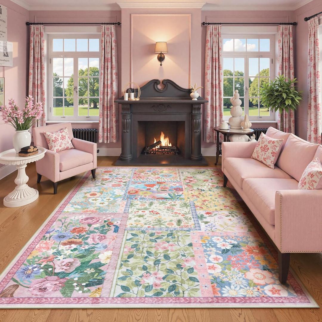 LIVEBOX Pink Washable Rugs 8'x10' for Living Room, Soft Pink Rug for Bedroom, Non Slip Ultra Thin Rug Botanical Bedroom Rugs 8'x10' Under Bed, Floor Carpet for Dining Room Home Office