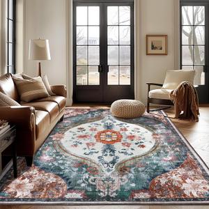 8x10 Washable Area Rugs Boho Vintage Living Room Large Non Slip Area Rug Distressed Printed Carpet for Dinning Room Bedroom Playroom Indoor Clearance (Beige/Orange,8x10ft)
