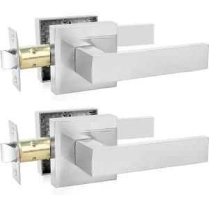 Passage Door Levers, 2 Pack Satin Nickel Heavy-Duty Door Handles, Square Non-Locking Door Knobs, Right and Left Handed for Closets, Hallways and Conference Rooms