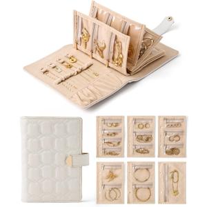 CASEGRACE Travel Jewelry Organizer Case,Portable Jewelry Storage Book Ring Binder with 6 Clear Zipper Velvet Jewelry Pouch for Earrings, Rings, Necklaces Ideal Gift for Women (Beige White)