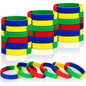 48 Pack Color Brick Party Favors Kids Silicone Bracelet Building Block Wristbands Party Supplies for Boys Girls Birthday Party Stuffing
