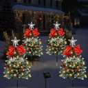 4 Pack Christmas Tree Solar Pathway Lights Outdoor Decorations, Waterproof Artificial Mini Xmas Tree Stake Lights with DIY Ornamets for Garden Yard Porch Decor (Snowy Tree)