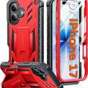FNTCASE for iPhone 17 Phone Case: Military Grade Drop Proof Protection Mobile Cover with Kickstand | Matte Textured Rugged Shockproof TPU | Protective Sturdy Phone Case - 6.3 inch Red
