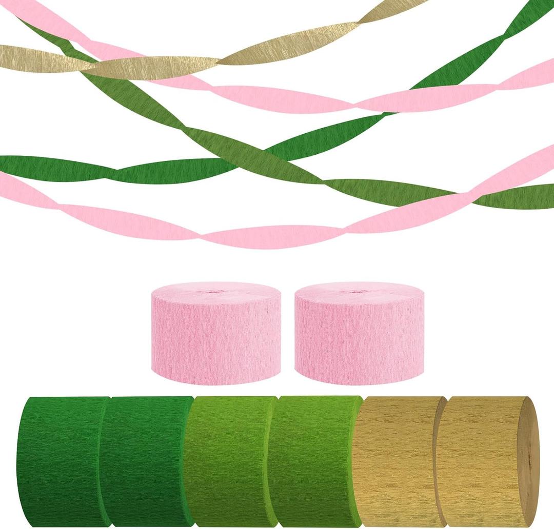 Paper Streamers,8 Rolls Green Pink and Gold Wedding Party Decorations,Crepe Paper Streamers for Party Supplies, Birthday, Spring Party,Bachelorette, Baby Bridal Shower(1.77Inch x 82Ft/Roll)