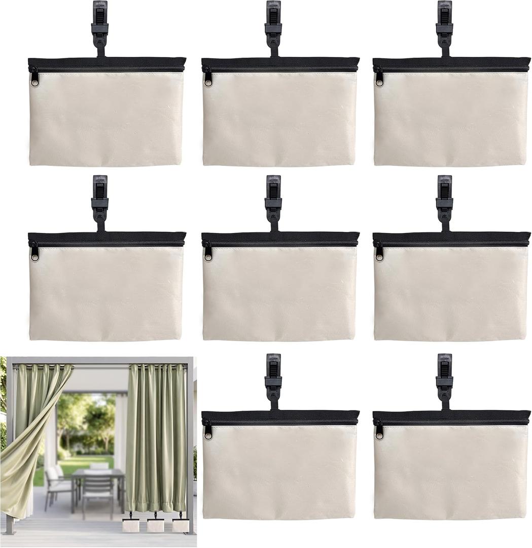 8 Pack Outdoor Curtain Weights with Clip, Heavy Duty Windproof Curtains Sandbags Weight for Gazebo Pergola Garden Yard, Anti-Drop Patio Curtain Bottom Weights Bags for Heavy Wind,Waterproof,Beige
