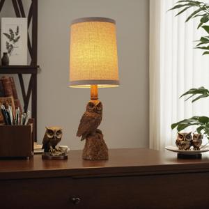 Vintage White/Wood Grain Owl Table Lamp - Resin Sculpture Base & Linen Shade | 16.5in Height Decorative Lamp for Bedroom/Study | Rocker Switch (BW-1)