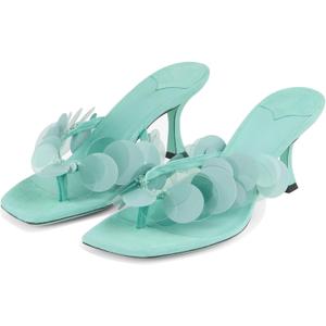 Goolita Women's Suede Sequin Kitten Heels Flip Flops Open Square Toe Strappy Thong Slide Heeled Sandals Comfort Prom Party Mules Heels (8.5, Green)