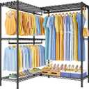 ULIFHOME E15 Pro Garment Rack L Shaped Clothes Rack for CornerFreestanding Clothing Racks for Hanging ClothesHeavy Duty Closet System with 4 Hanging Rods & 8 S Hooks48.8"W x 15.8"D x 78.4"HBlack