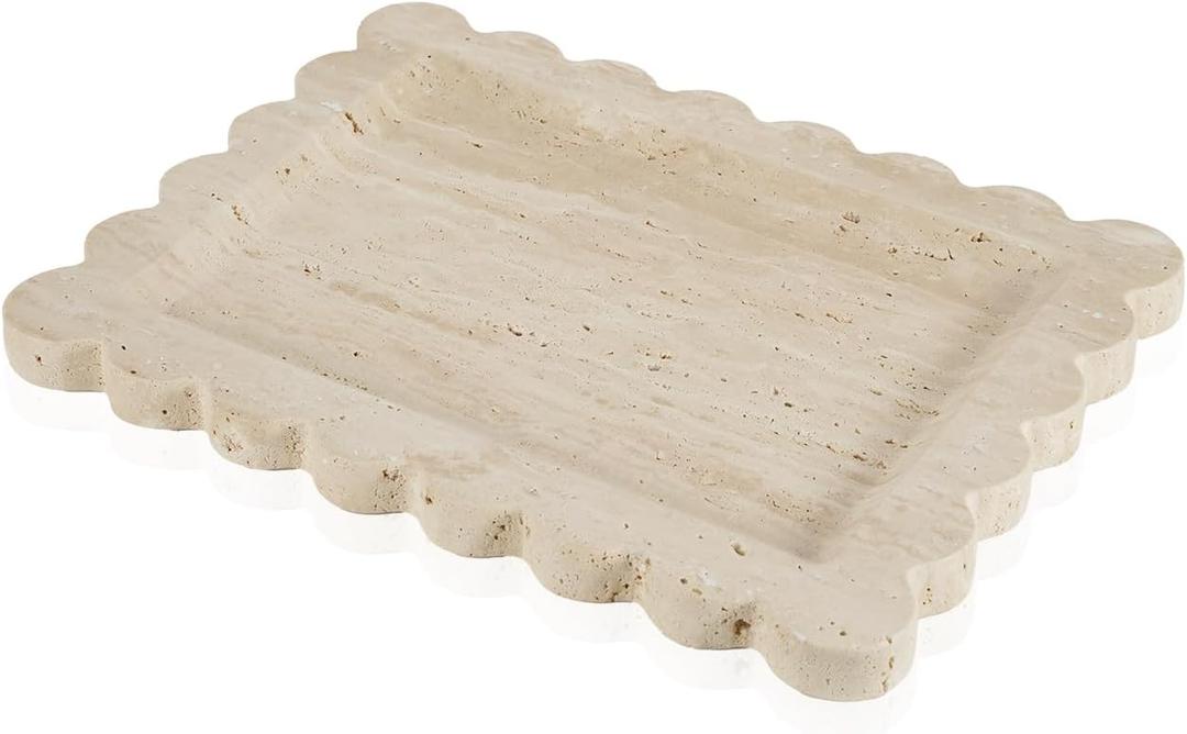 Luxury Beige Travertine Tray with Scalloped Edge, 11"x8" Rectangle Vanity Tray for Bathroom & Kitchen Counter, Decorative Organizer Tray for Dresser, Coffee Table, Home Décor