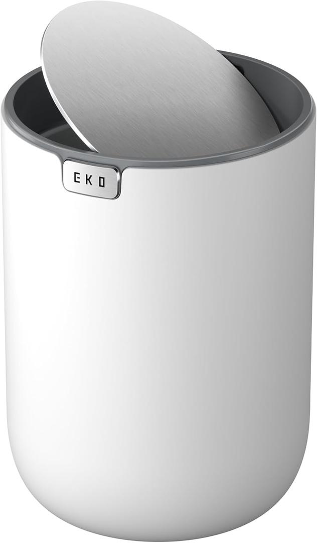 EKO Fandy 0.58 Gal/2.2L Mini Trash Can with Lid, Swing-Top Desktop Trash Can for Bathroom, Countertop, Vanity, Desk or Office, Small Garbage Bin (White)