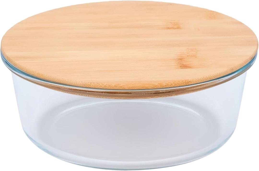 Homaisson Extra Large Glass Salad Bowl with Lid, 1300ml Round Glass Serving Bowl with Bamboo Lid, Microwave Safe, Dishwasher Safe, Airtight Sealing, Ideal for Fresh Salads and Desserts