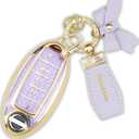 Key Fob Cover with Diamond Keychain Car Key Shell Compatible with Nissan Altima Rogue Sentra Pathfinder Frontier Maxima Titan Murano Kicks Juke Versa (5 Buttons-Purple Bowknot)
