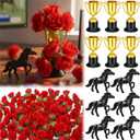 Wenqik Derby Horsing Racing Party Decoration Small Standing Table Centerpieces 100 Red Roses 6 Golden Trophies and 6 Horses for Wedding Freestanding Table Decor Horse Themed Party Favor Bulk