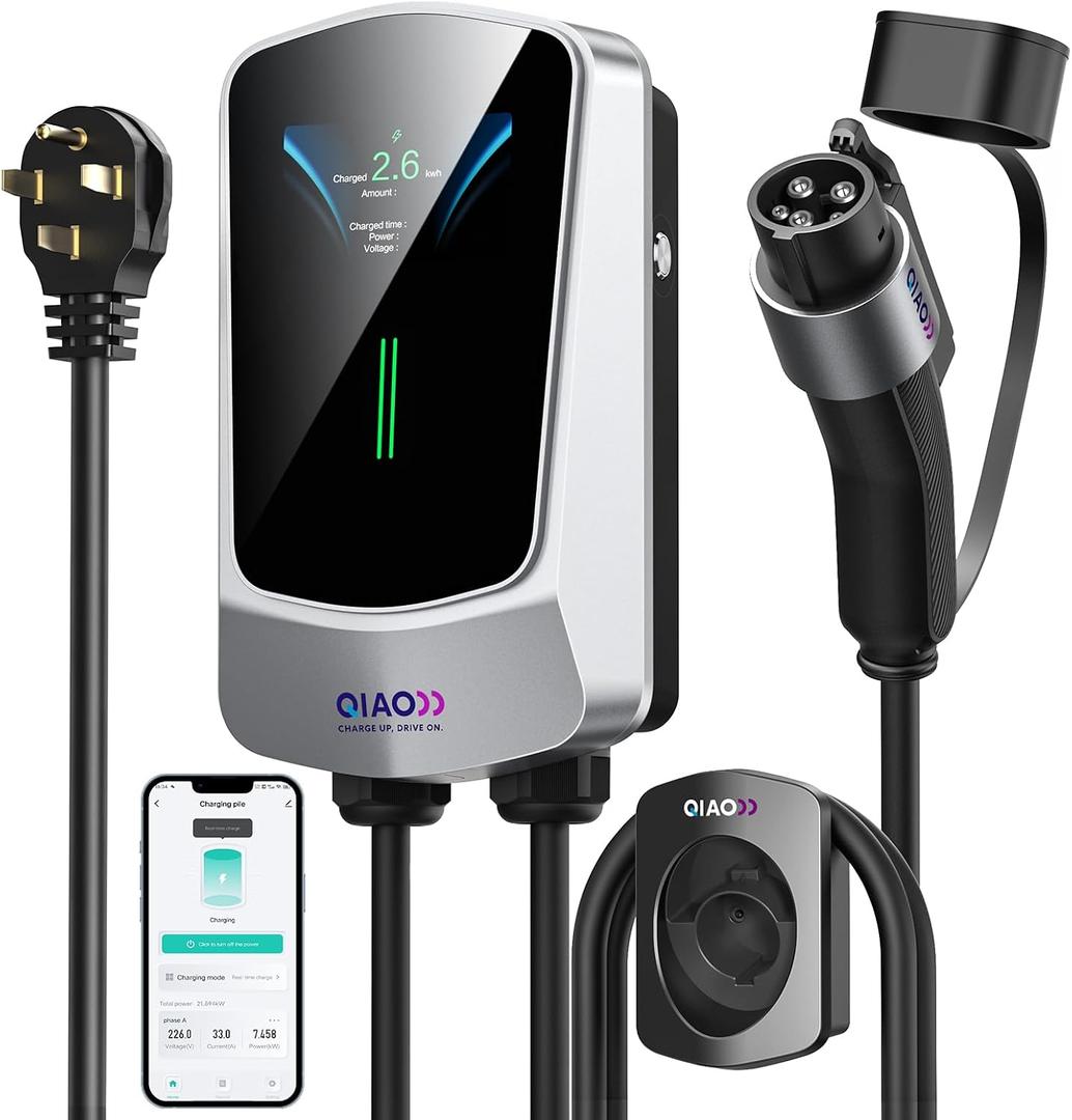 QIAO Level 2 EV Charger, Up to 40A Electric Car Charger, Wi-Fi Bluetooth APP Enabled EVSE, 4.3in Display, 25ft Cable, NEMA 14-50 Plug Charge Station Compatible with All SAE J1772 EV Models White | 4.3in Display, 25ft Cable, NEMA 14-50 Plug Charge Station Compatible with All SAE J1772 EV Models White