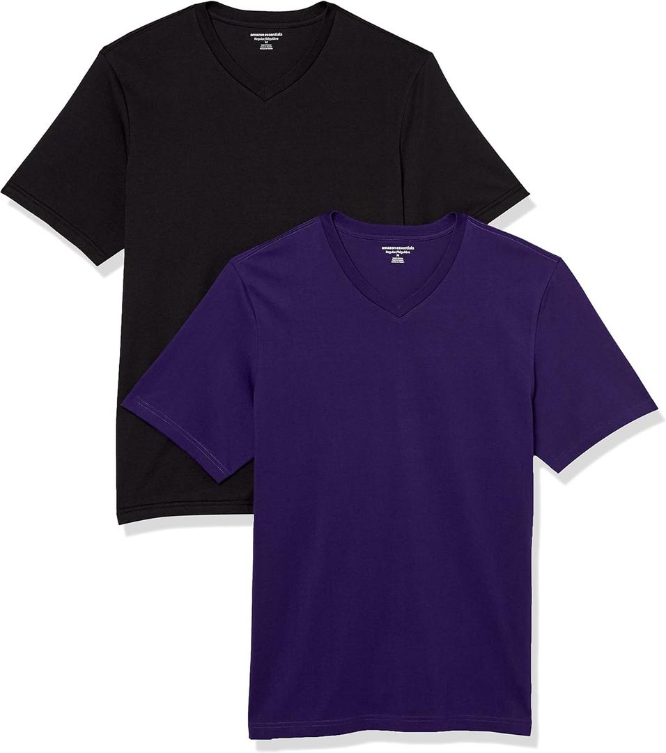 Amazon Essentials Men's Short-Sleeve V-Neck T-Shirts, Pack of 2 (4X-Large Big Tall, Black/Dark Purple)