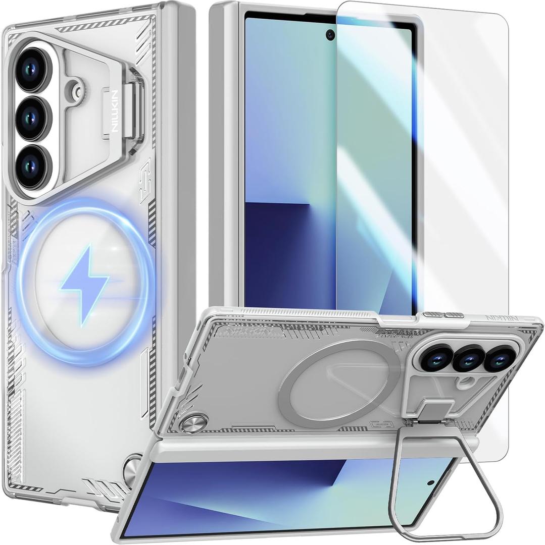 Nillkin for Samsung Galaxy Z Fold 7 Case, Compatible with MagSafe, Built-in [Screen Protector] [Hinge Protection] [Kickstand] Slim Magnetic Anti-Yellow Phone Case for Galaxy Z Fold 7 - Clear Gray
