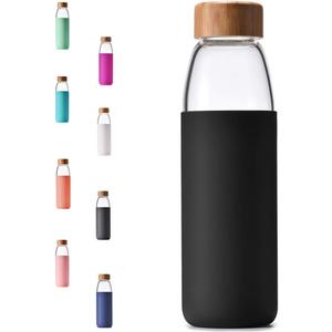 veegoal 25 Oz Borosilicate Glass Water Bottles with Bamboo Lid, BPA-FREE, Non-Slip Silicone Sleeve, and Stainless Steel Leak Proof Lid - Reusable Glass Bottle for Men and Women (Black)