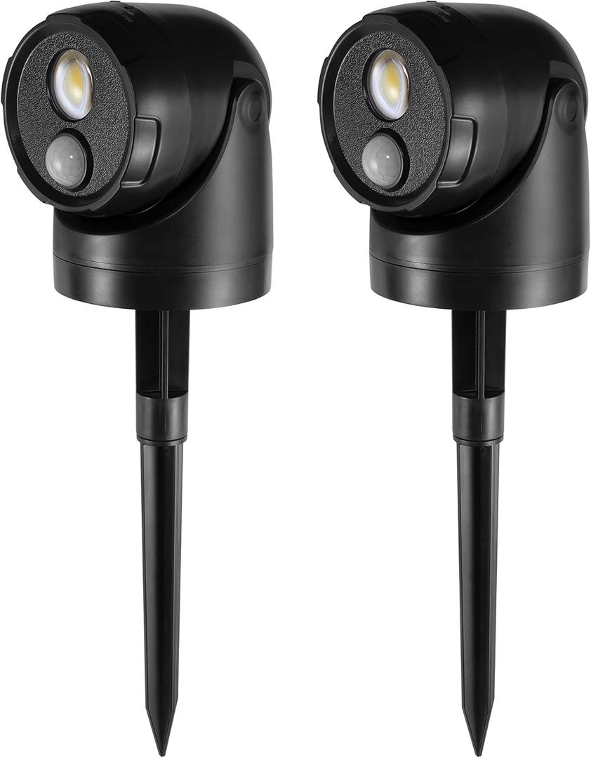 Large 2-in-1 LED Motion Sensor Outdoor Spotlight, IP44 Waterproof 450 Lumen Battery Operated Landscape Light, Adjustable Wall Light for Yard, Garden, House, 2 Pack (Black)