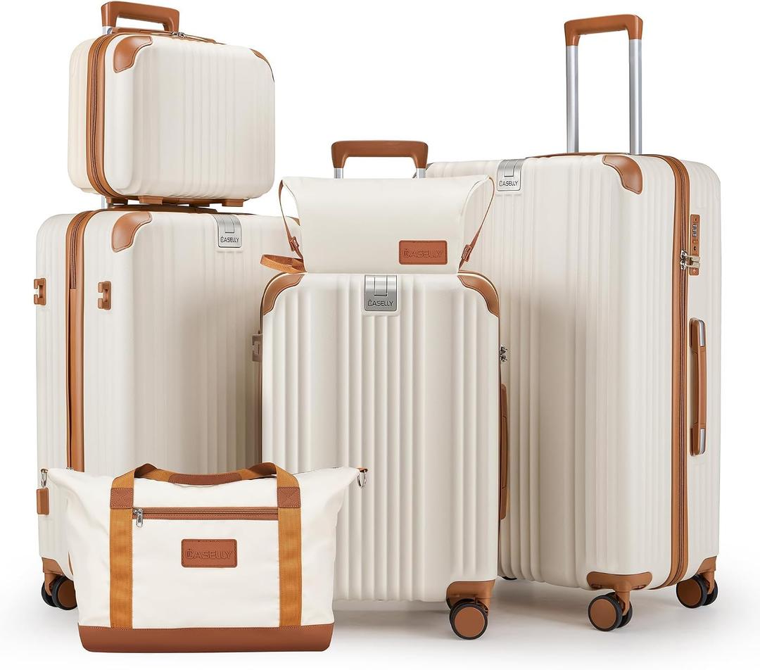 Luggage Set 6 Piece Luggage with PC+ABS Hardshell TSA Lock Spinner Wheels Carry on Lightweight Suitcase Cup Holder，YKK Zippers and Hoot(Beige, 6 piece sets（14/20/24/28/DB/TB）)