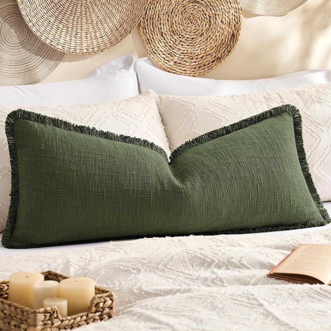 Kevin Textile 14x36 Inch Long Lumbar Pillow Cover 1 Pack Boho Fringe Decorative Rectangle Cushion Case with Tassels Neutral Cotton Woven Textured Farmhouse for Living Room Couch Sofa Bed, Olive Green