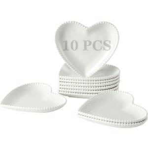 OMAYKEY 6.3 Inch Ceramic Dessert Plates Set of 10, Small Salad Plates, Porcelain Heart Shaped Appetizer Plates, Dinner Plates for Cake, Snack, Ice Cream, Microwave, Oven, Dishwasher Safe, White