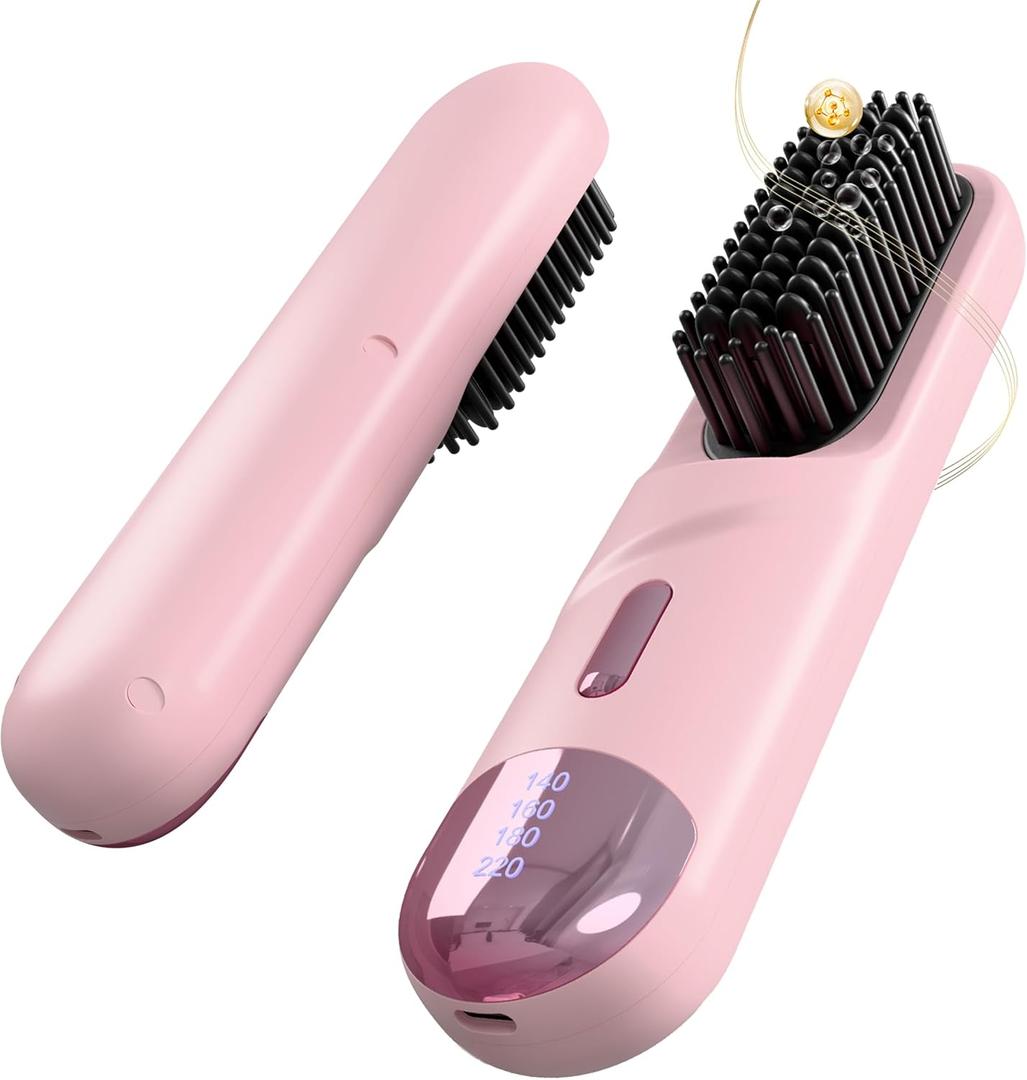 Go Brush Pro for Short Hair Hair Straightener Brush Cordless & Portable with 300M Negative Ions, 4 Temps Fast Heating, Game Day Ready Styling Tool for Watch Parties, Travel & Daily Use Pink
