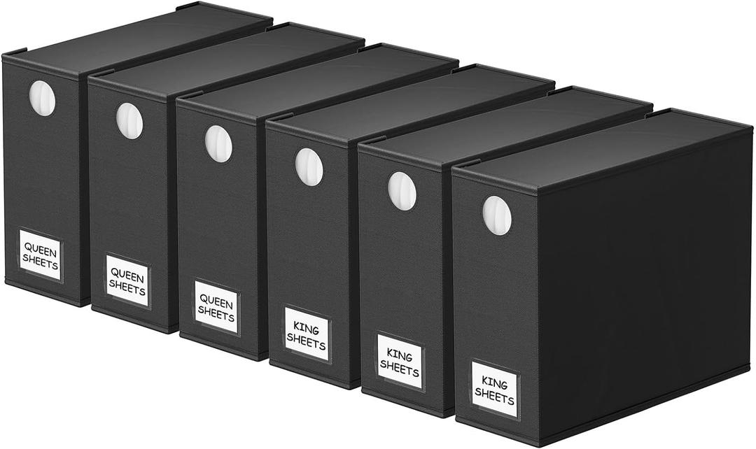 SpaceAid 6 Pack Bed Sheet Organizer and Storage, Foldable Sheet Organizer with Window for Linen Closet, Set Folder Keeper for Queen & King Size Bedding Storage (Black)