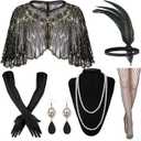 1920s Gatsby Flapper Accessories Set, Roaring 20s Accessories Women Feather Headpiece Necklace Earrings Long Gloves,Black Gold (Black)