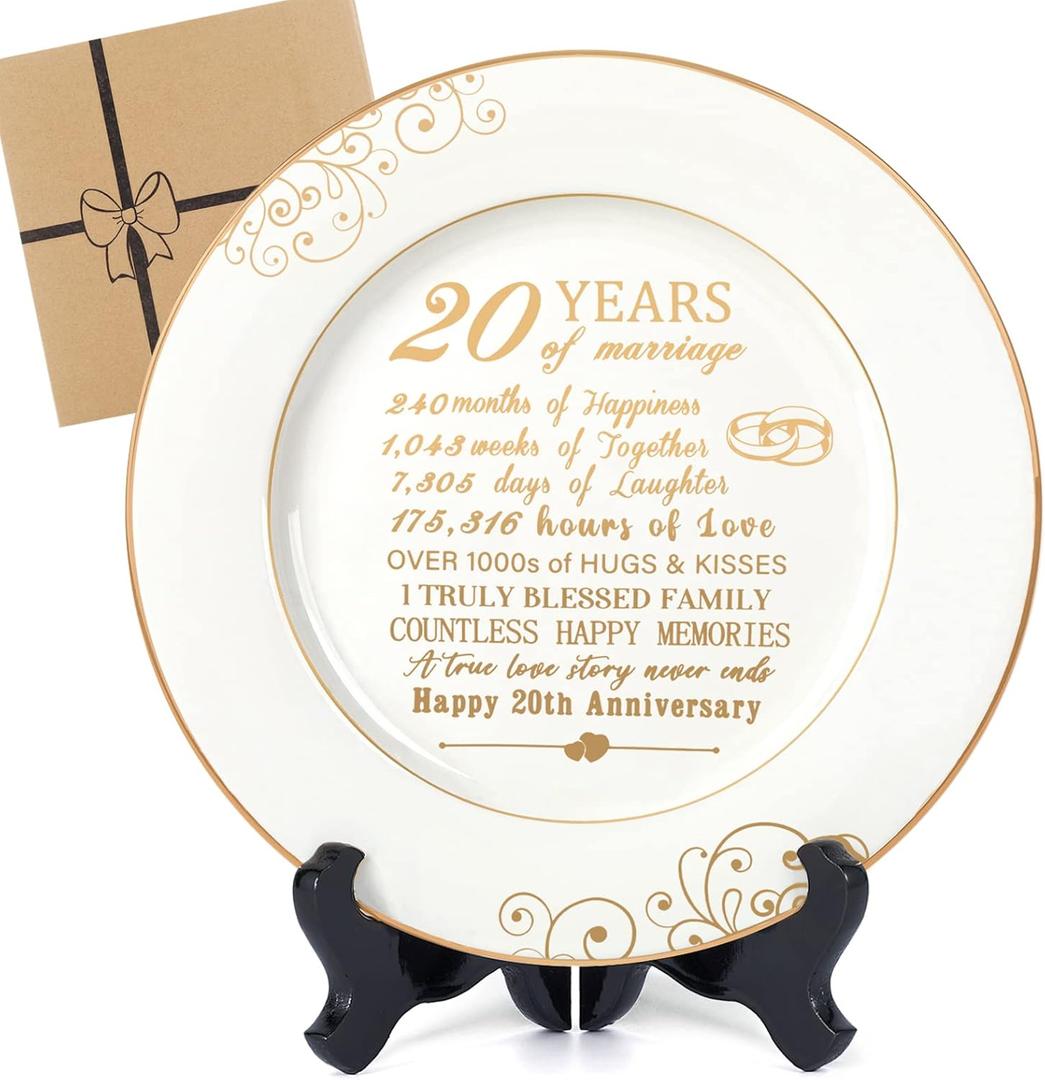 Urllinz 20 Year Anniversary Plate with 24k Gold Foil Decorations - 20th Anniversary Wedding Gifts for Wife Couple Him Her Husband, Ceramic 9"