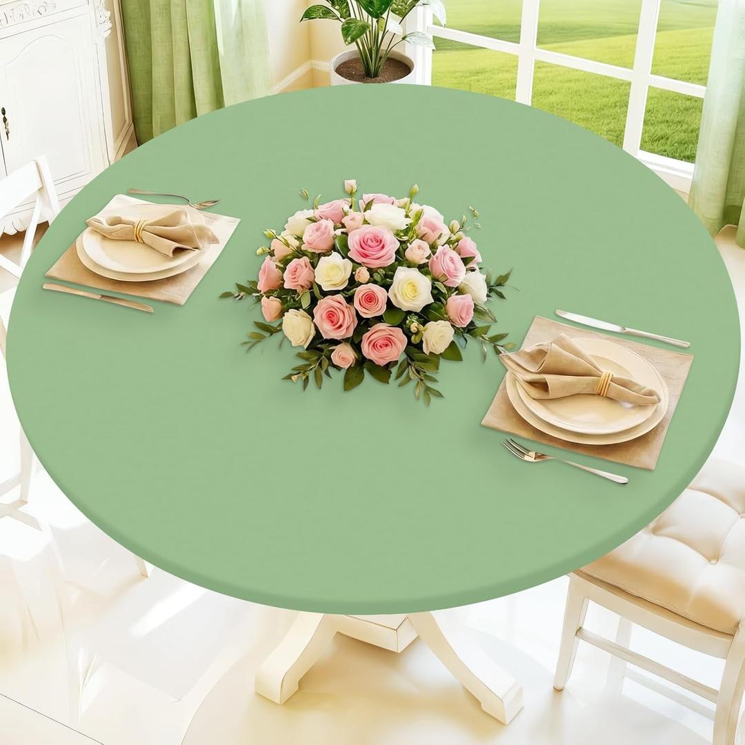 Moosfor Round Spandex Tablecloth, Elastic Fitted Waterproof Tablecloths for 36"-44" Tables, Stretch Washable Picnic Table Cover for Camping, Dining, Indoor and Outdoor, Light Green