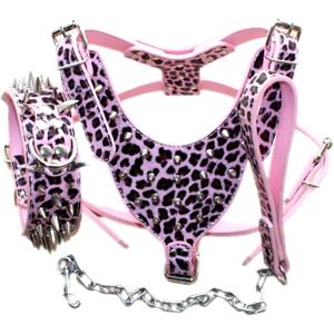 Leather Sharp Spiked Studded Dog Collars, Harnesses & Chain Leashes 3Pcs Matching Set for Medium & Large Dog Pit Bull,Mastiff, Boxer, Bull Terrier (XL, Pink Leopard)