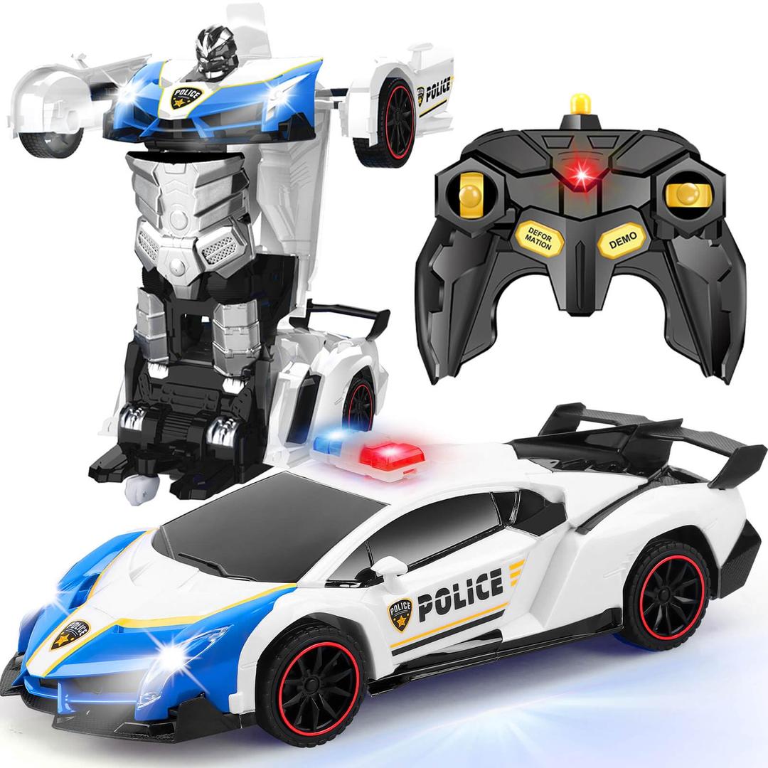 Getatoy Remote Control Car Transformer Toys for Boy 4-6 Years Old: One-Button Transforming Police Car with LED Light & 360° Rotation Drifting 2.4 Ghz Robot RC Car Christmas Birthday Gift Idea for Kids