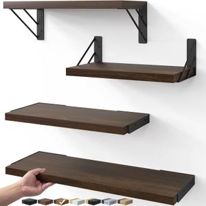 BAYKA Floating Shelves for Wall, Book Shelf for Bedroom, Decor Shelves for Living Room Kitchen, Mounted Wood Floating Shelf for Home Decor, Corner Shelf for Bathroom, Office(Dark Brown,Set of 4), 16-inch Mixed