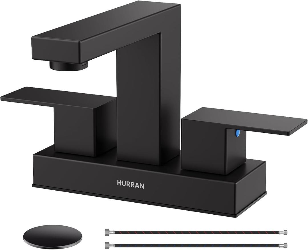 Matte Black Bathroom Sink Faucet, Hurran 4 inch Bathroom Faucets for Sink 3 Hole with Pop-up Drain and Supply Lines, Stainless Steel 2-Handle Faucet for Vanity RV Restroom