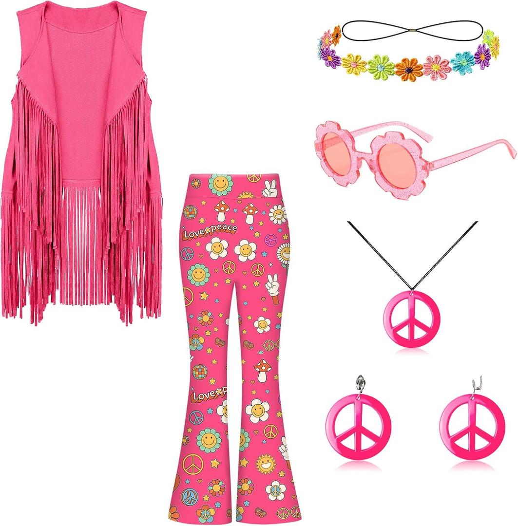 60s 70s Outfits for Kids Girls 7 Pcs Hippie Costume Set Fringe Vest Peace Flared Pants Accessories Set for Halloween (4-6 Years, Pink)
