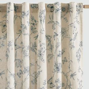 jinchan Floral Linen Curtains for Living Room 63 Inch Length Butterfly Blue Floral French Country Farmhouse Flower Patterned Drapes Back Tab Rod Pocket Set 2 Panels