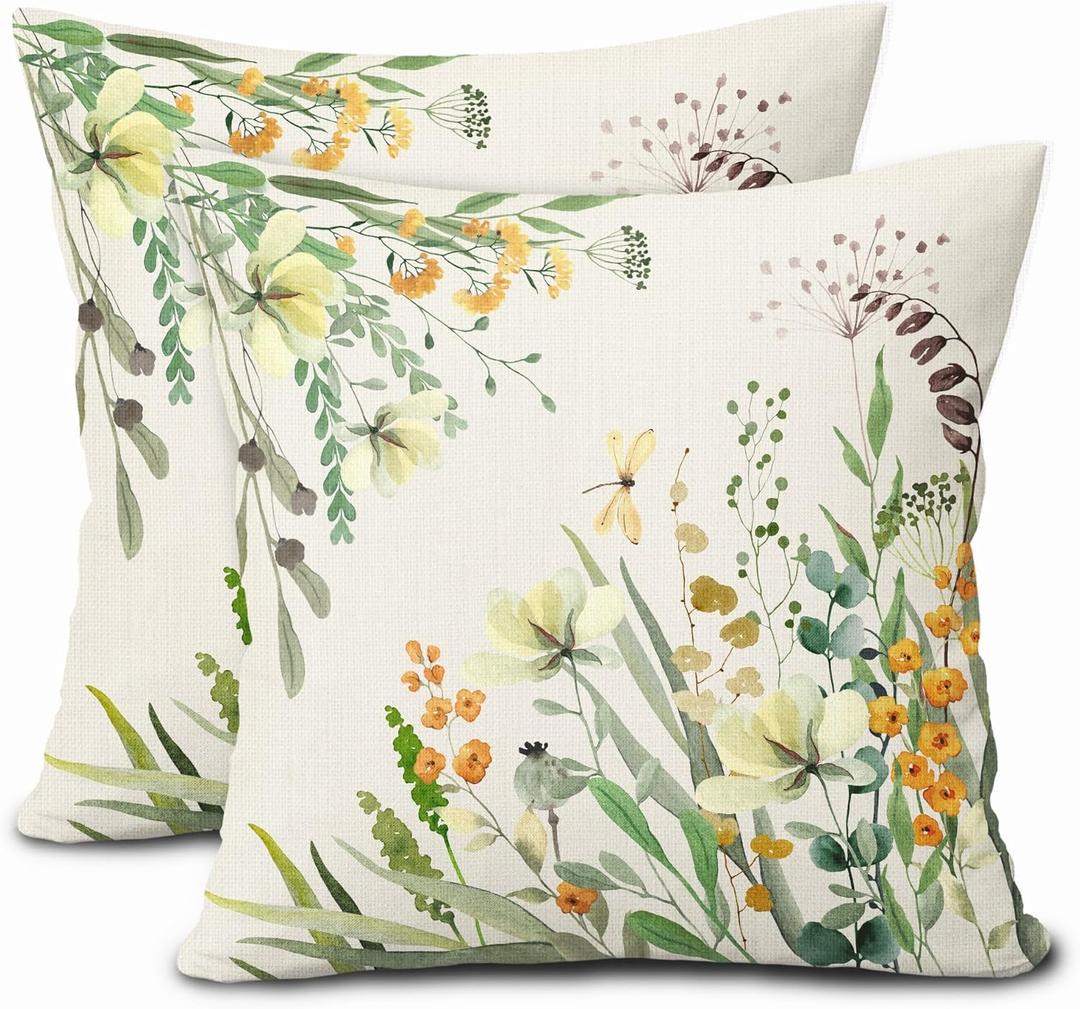 Spring Summer Pillow Covers 16X16 Inch Set of 2 Yellow Flowers Leaves Butterfly Decorative Pillow Cases Green Leaf Floral Cotton Linen Cushion Case Farmhouse Home Decor For Sofa Couch Porch Outdoor