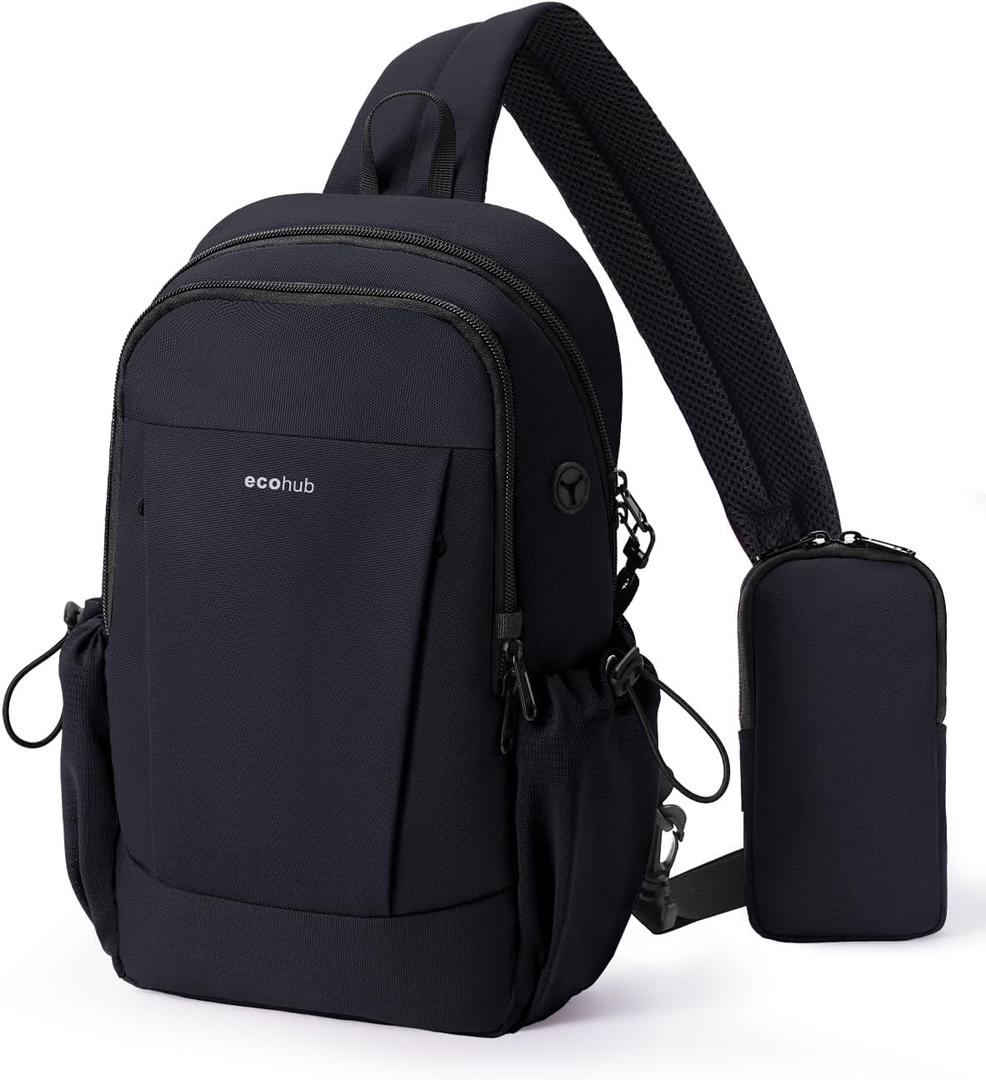 ECOHUB Anti-Theft Crossbody Bag Men Women, RFID Blocking Lightweight Sling Backpack Eco-Friendly with 9 Pockets Sturdy SBS Zippers Water Resistant for Travel Work Hiking Outdoor, Black