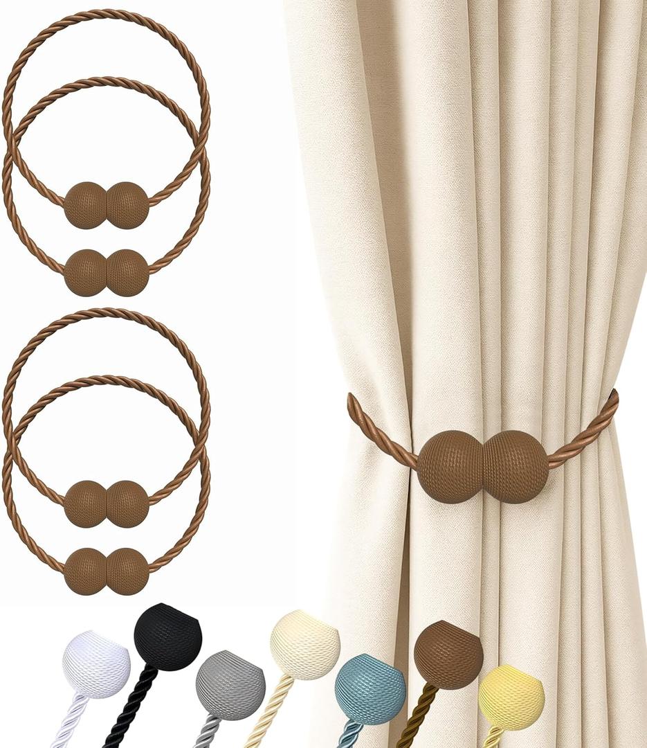 Hion Magnetic Curtain Tiebacks Dark Brown 4 Pack, Curtain Tiebacks Buckles Holdbacks Holders Hooks Clip for Home Bedroom Office Decorative Thick or Thin Curtain