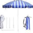 6.5ft Beach Umbrella - Heavy Duty Wind Resistant UV 50+ Portable Sun Shade with Sand Anchor & Carry Bag, Outdoor Folding Umbrella for Beach, Pool, Patio, Garden (Blue Vertical Stripe)