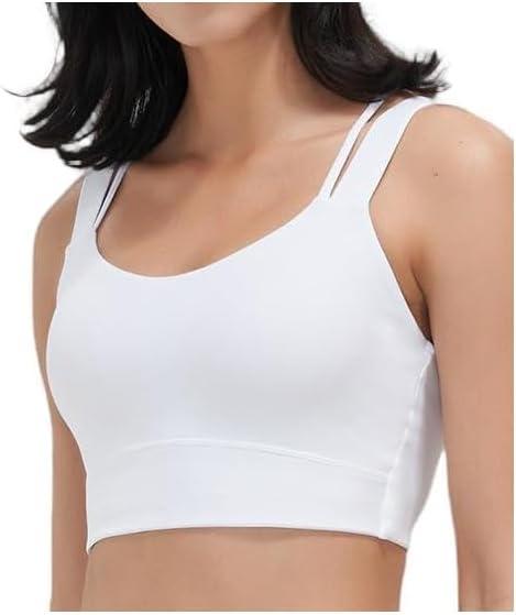 AMRIY Medium Support Sports Bra for Women Seamless Criss Cross Back Yoga Bra with Removable Padded Cups (White, M)