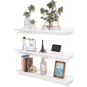 AZSKY 48 Inch Large Solid Wood Floating Shelves Long Wall Shelf White Picture Ledge Set of 3 Photo Shelf for Wall Decor with Lip for Bedroom Bathroom Living Room Kitchen (48Inch Set 3)
