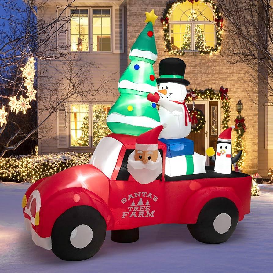 Tangkula 8 FT Inflatable Santa Claus Driving a Car with LED Lights & Air Blower, Blow Up Yard Decoration, Inflates Christmas Santa w/Snow Man & Penguin, Outdoor Inflatable Decoration for Yard Lawn