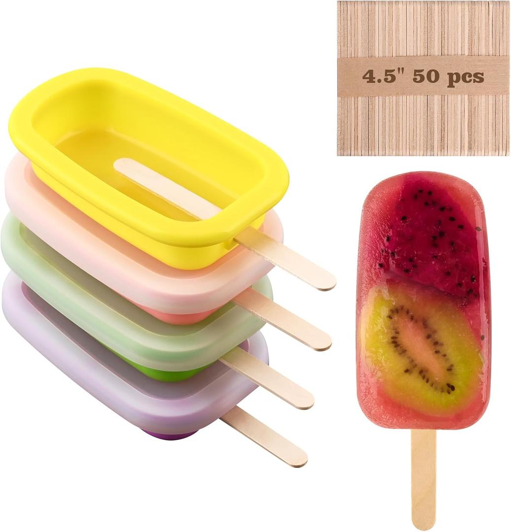 Sakolla 4 Pcs Silicone Popsicle Molds with Lid & 50 Pcs Wooden Popsicle Sticks, Stackable Classic Oval Ice Cream Molds for Homemade Ice Pop, Cakesicles, Freezer Yogurt and Fruit Juice (Multicolor) (Yellow Pink Green Purple)