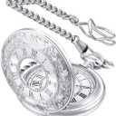 LYMFHCH Vintage Pocket Watch Roman Numerals Scale Quartz Pocket Watches with Chain Christmas Graduation Birthday Gifts Fathers Day (Silver)