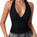 SOLY HUX Women's Halter Tops Glitter Sparkly V Neck Wrap Ruched Backless Sleeveless Crop Tank Top Party Clubwear, Large, Black 